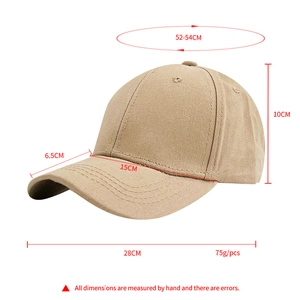 Detail view of khaki cotton baseball cap with dimension annotations and size specifications
