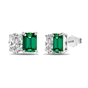 S925 sterling silver stud earrings featuring emerald cut green and oval clear zircons