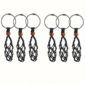 Set of six handmade black woven necklace cord pouches with wood beads and silver rings