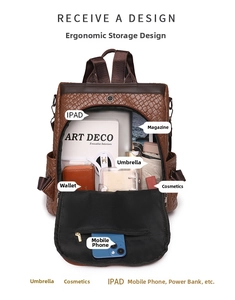 Brown woven PU leather backpack interior showing storage for iPad, books, and umbrella