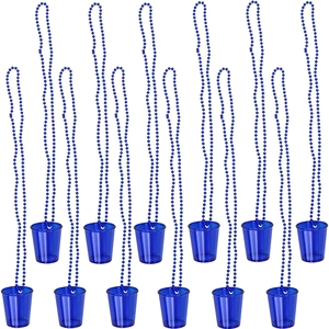 Set of 12 blue plastic party shot glasses with matching beaded necklaces on white background