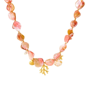 18k gold plated stainless steel necklace with pink stone beads and sea shell pendants