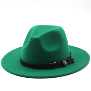 Detail of bright green wool felt fedora featuring black leather band and silver buckle
