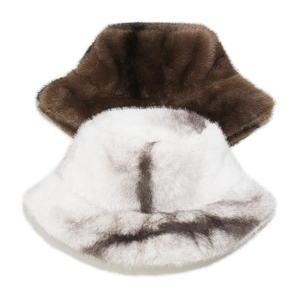 Winter plush bucket hat in coffee brown and marble white faux fur with thick lining