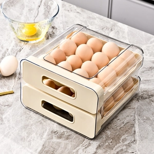 Double-layer drawer egg storage box in warm beige and transparent plastic for fridge