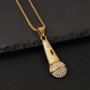 Hip hop gold microphone pendant necklace with sparkling crystals and a sleek box chain