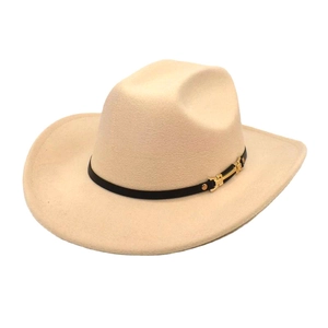 Close-up of beige wool fedora hat featuring a black leather band and gold metal buckle