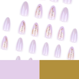 Lavender purple press-on nails with holographic chrome finish and golden butterfly wings