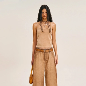 Retro cross print cotton camisole with brown wide-leg cargo pants and metal belt