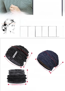 Size chart for winter knit hat and neck warmer set showing adult and child dimensions