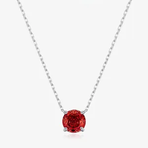 925 Sterling Silver Necklace For Women Round Red Cubic Zirconia Pendant Rose Cut Clavicle Chain Minimalist Elegant