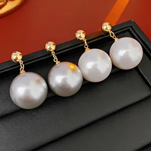 Large Round Imitation Artificial Pearl Drop Earrings With Silver Earring Post Gold Plated Copper Ball Stud Chic Jewelry For Women