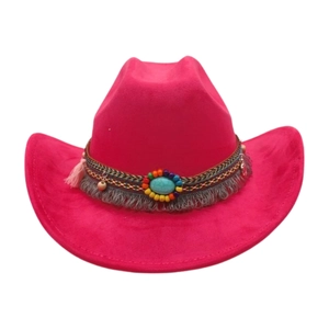 Rosaroter Wildleder-Western-Cowboyhut mit ethnischem Perlenband und Türkis-Verzierung
