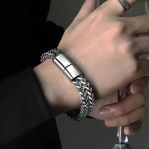 Men's punk hip-hop stainless steel bracelet featuring a rectangular magnetic clasp
