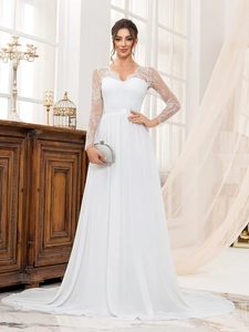 Elegant white lace long sleeve wedding dress with V-neckline and A-line chiffon skirt