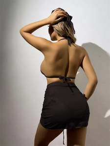 Three-piece black sexy bikini set with mesh skirt and halter neck tie back for women