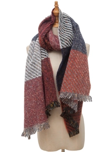 Detailed texture of thick plaid scarf with burgundy, navy, and tassels on a mannequin