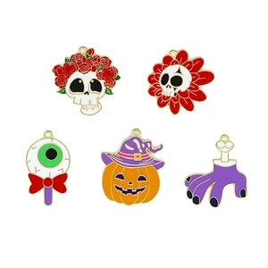 Halloween alloy enamel pendant set featuring skull, pumpkin and witch hat charms