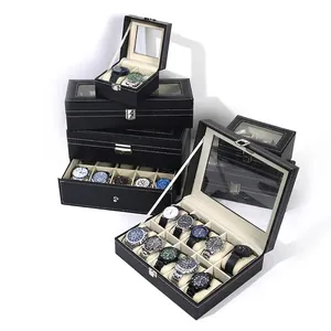 Black leather watch display case with clear glass window and secure metal buckle closure