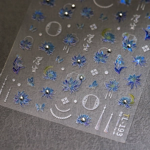 5D embossed nail art stickers with blue lotus, butterflies and pearls, model TL-193