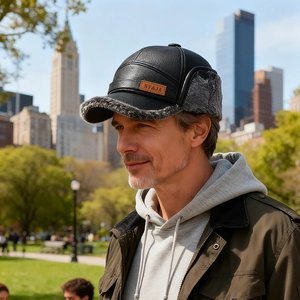 Mens winter leather baseball cap with thickened ear flaps and warm plush lining