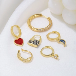 6-piece gold hoop earring set with red heart, blue lock, moon and zircon pendants