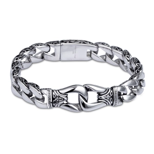Vintage stainless steel 316L chain bracelet for men with intricate engraved pattern links