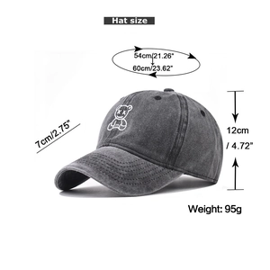 Size chart for washed cotton baseball cap with bear embroidery and height dimensions