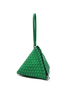 Handwoven green triangle clutch bag with leather weaving and wristlet strap