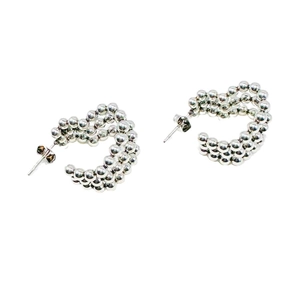 Silver multi-row beaded C-shaped stainless steel hoop earrings for women