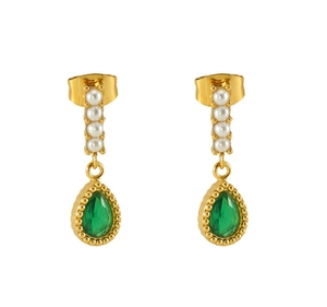 Detail of gold drop earrings featuring white pearls and pear-shaped green zircon stones