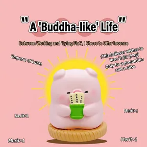 Cute pink resin pig figurine holding lucky bamboo tags on a circular base