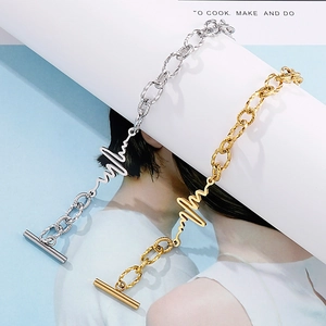 Gold and silver heartbeat EKG link bracelets with stylish T-bar toggle clasp design