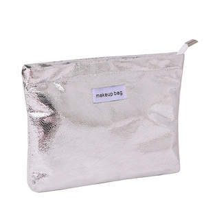 Silver high-capacity PU makeup bag with snakeskin texture and zip closure