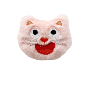 Pink plush cat head brooch with embroidered heart nose and cute polka dot pattern