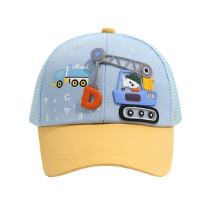 Kids breathable mesh baseball cap with cartoon construction vehicle prints in blue and yellow