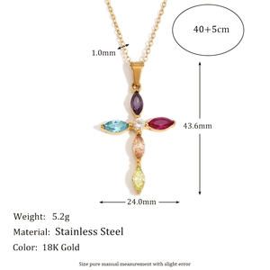 18K gold plated stainless steel cross pendant necklace with colorful gemstones and dimensions