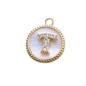 Gold plated shell pendant with zircon letter T inlay for DIY jewelry making