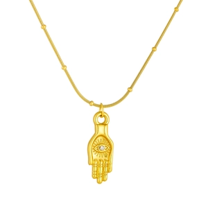 Vintage gold Hamsa hand pendant necklace with evil eye and beads on a sleek chain