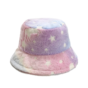 Luminous star pattern fuzzy bucket hat in macaron gradient pink and blue plush