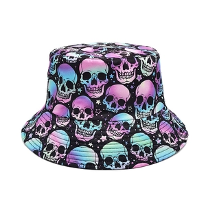 Double-sided bucket hat with colorful gradient skull and star patterns for sun protection