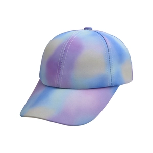Kids baseball cap featuring blue purple and white tie-dye gradient with 6-panel crown