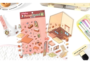 Detail of DIY Forest Hostel 3D stickers showing miniature furniture and cute cats