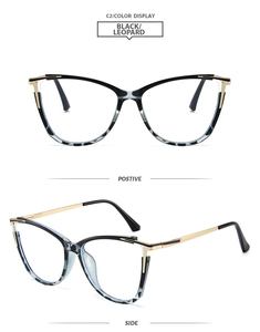 Detailed views of black and leopard cat-eye frames with elegant gold metal temples