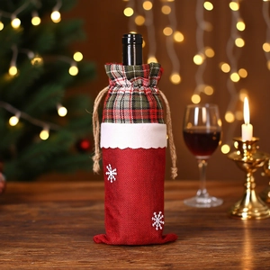 Housse de bouteille de vin de Noël en lin avec flocons et bordure en peluche