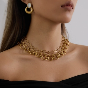 Ensemble collier multicouche en acier inoxydable doré 18K et boucles d'oreilles