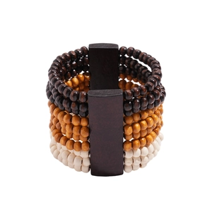 Multi-layer wooden beaded cuff bracelet in dark brown and ochre vintage tones