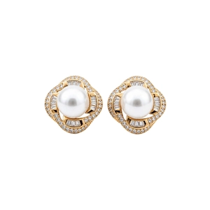 French palace style pearl stud earrings with zircon crystals and gold plated metal