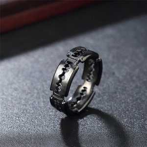 Industrial punk style distressed titanium steel ring with unique blade pattern design