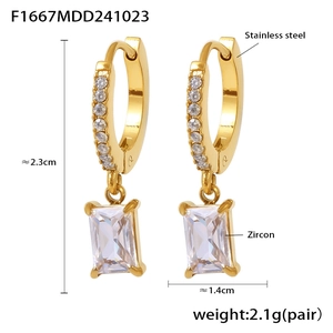 Macro view showing 18K gold plated stainless steel square zircon drop earrings details